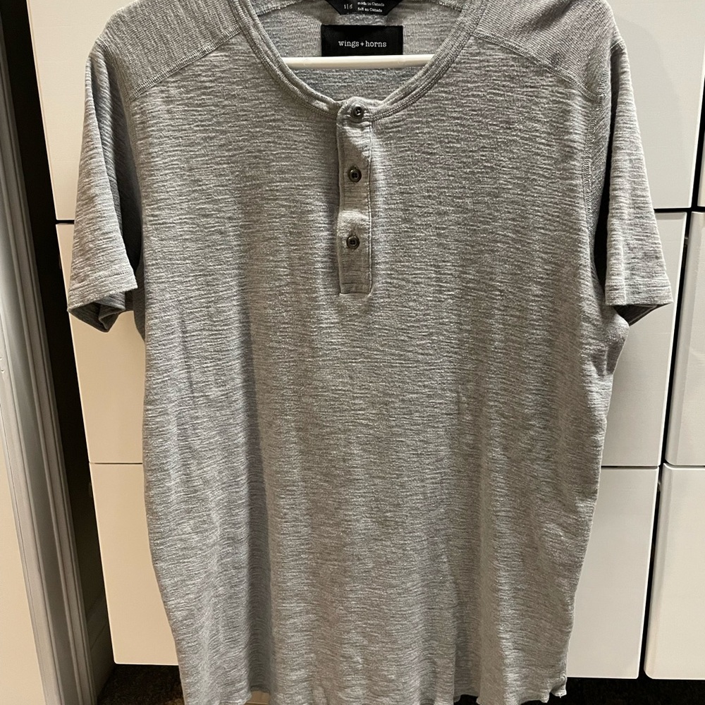 Wings + Horns Mens L Gray Henley Pullover Textured Slub Cotton Knit Shirt